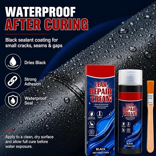 Leak Repair Cream with Brush, Black Waterproof Sealant, Flexible Patch and Sealant for Small Cracks, Gaps, Seams, Roof Edges, Gutters, Pipe Exteriors, Walls, Window Edges, Indoor Outdoor Repair