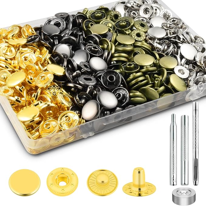 100Sets Snaps Button Kit, 15mm Leather Snaps Fasteners, Metal Button Press Studs with 4 Install Tools 4 Colors for Leather Bag Clothes Jackets Jeans Wears Bracelets Fashion DIY Sewing