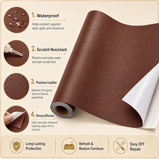 Self Adhesive Leather Repair Patch 24x54 Inch Sofa Car Seat Strong Adhesive | YAWQIRV Strong Self Adhesive Patch, Leather Repair Kit and Vinyl Repair Kit for Sofa, Waterproof, Scratch Fix, Durable, Brown