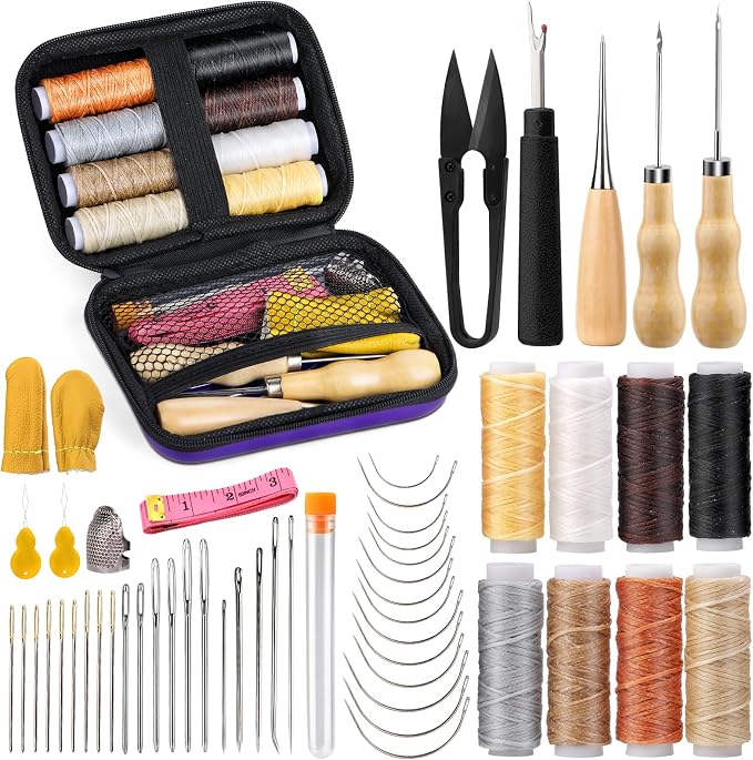 Tikjiua 54Pcs Upholstery Repair Sewing Kit, 8Pcs Waxed Thread, Leather Sewing Needles, Stitching Awl, Thimble, Heavy Duty Upholstery Repair Kit for Carseat Backpack Carpet Boots Shoes Canvas Sofa