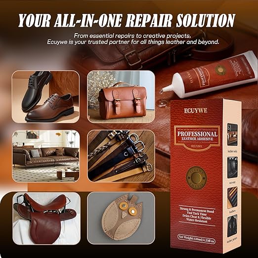 Leather Glue, 4.32oz Flexible Clear Adhesive for Leather Repair, Shoe Glue for Boots, Bags, Furniture, Waterproof & Strong Bond, Non-Yellowing,