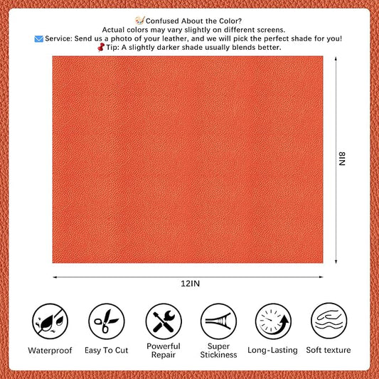 2 Pcs Orange Leather Repair Tape, 8x12 Inch Leather Repair Patch Self-Adhesive, Waterproof Faux Leather Patch, Vinyl Repair Tape for Couch, Sofas, Furniture, Office Chair, Car Seats