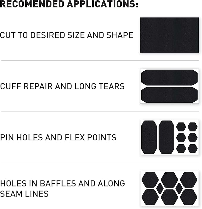 GEAR AID Tenacious Tape Repair Patches – Peel-and-Stick Nylon Gear Patches for Jackets, Tents, Sleeping Bags, Backpacks, and Outdoor Gear – Fix Rips, Tears, and Holes, 19 Various Sizes, Black