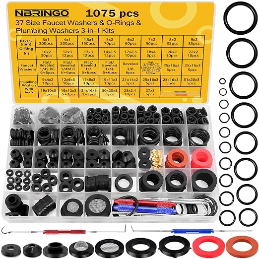 1075 PCS 37 Sizes 3-in-1 Universal Plumbing Repair Kit Includes O-Rings, Faucet Washers & Sealing Gaskets to Fix Leaky Faucets, Hoses, Spigots, Plumbing Fixtures with Pick Hook