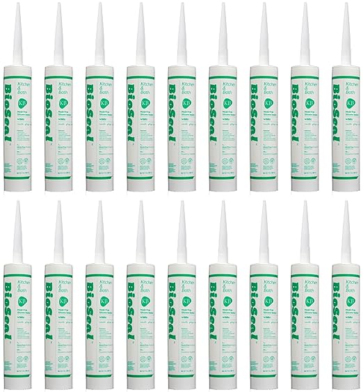 White BioSeal 100% Silicone Sealant Caulk Kitchen and Bath Grade, Waterproof and No Odor 10.1 Ounce Cartridge 18 White Tubes Set