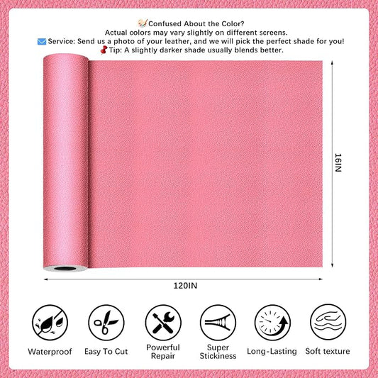 Pink Leather Repair Tape, 16x120 Inch Leather Repair Patch Self-Adhesive, Waterproof Faux Leather Patch, Vinyl Repair Tape for Couch, Sofas, Furniture, Office Chair, Car Seats