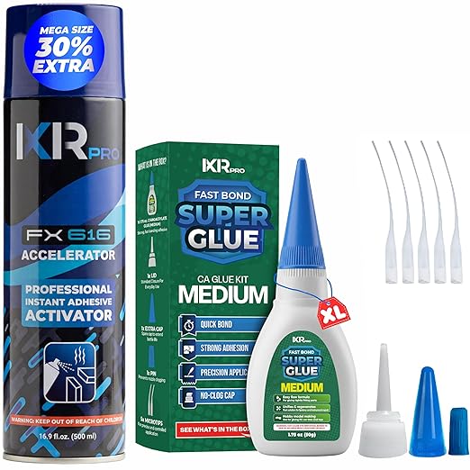 CA Glue with Activator Kit 1.75 oz Medium Viscosity Cyanoacrylate Glue 16.9 oz Activator Spray Heavy-Duty SuperGlue for Gap-Filling, Wood, Metal, Plastic, Furniture Repair, Vertical, Overhead Surface