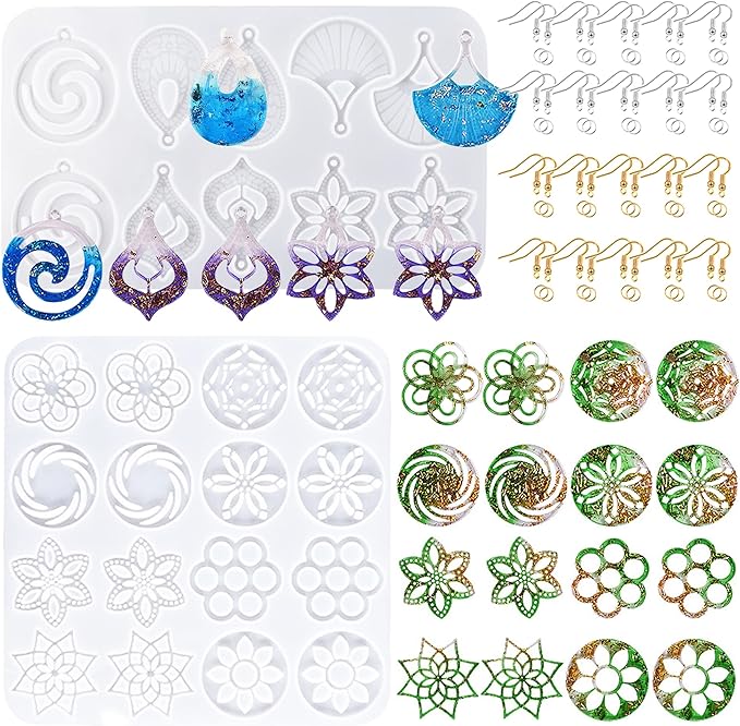 Resin Molds - 13 Pair Earring & Pendant Molds, Teardrop Flower Silicone Mould with Ear Hooks & Jump Rings for DIY Epoxy Resin Jewelry Making