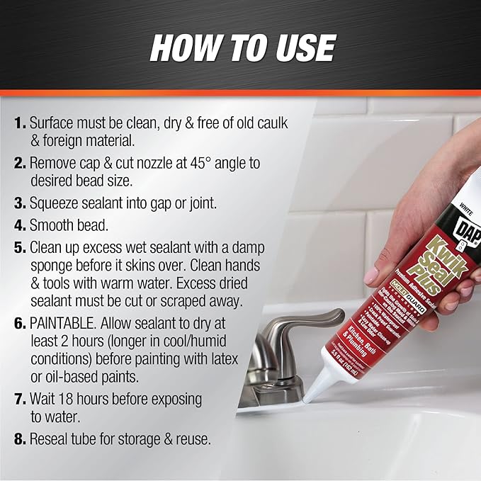 DAP Kwik Seal Plus Kitchen and Bath Adhesive Sealant, White, 5.5 Oz (7079818872)