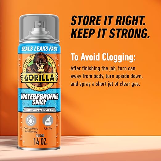 Gorilla Waterproofing Spray Clear, Flexible Rubberized Sealant Coating, Paintable UV Resistant, Seals Water Air Moisture, 14 oz (Pack of 6), for Roofs Gutters Skylights RVs Windows & More