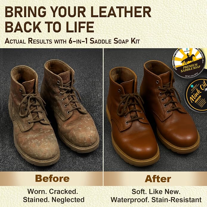Feilove Leather Boot Care Kit – Mink Oil & Saddle Soap for Leather with Applicators & Cloths – 6-Piece Leather Shoe Care Kit for Cowboy Boots, Work Boots, Shoes & Tack