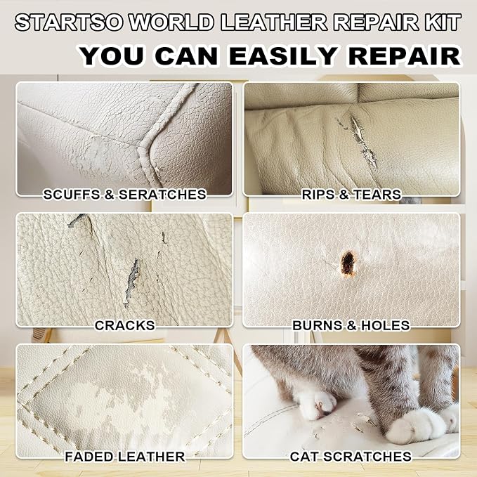 STARTSO WORLD Cream Leather Repair Kit for Furniture, Leather & Vinyl Repair kit for Car Interior, Couches, Car Seat, Jacket, Sofa, Boat or and Purse, Restores Faux, Artificial, Genuine Pleather