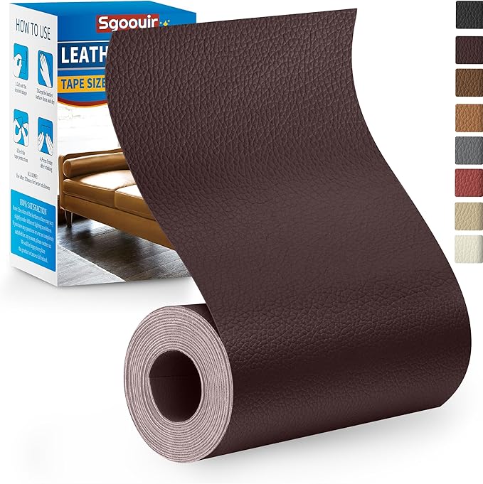 Leather Repair Patch Tape Kit, 4" x 63" Self Adhesive Leather Repair Patch for Furniture, Vinyl Leather Repair Kit for Car Seat, Chairs, Couch, Sofa, Boat Brown
