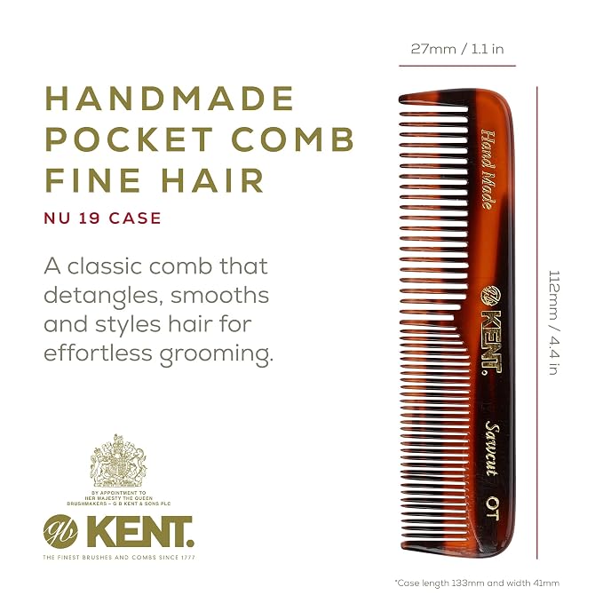Kent NU19 Gift Set, with OT Fine Tooth/Wide Tooth Pocket Comb for Hair, Mustache and Beard for Men, Women and Kids. Travel Set with Leather Pouch and Stainless Steel Nail File. Handmade in England