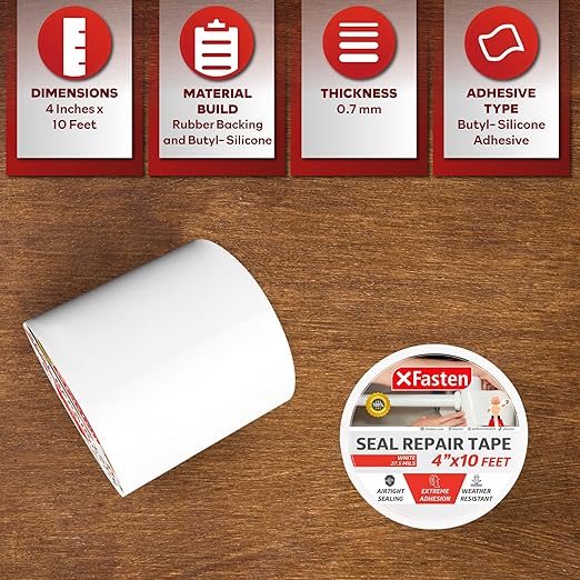 XFasten Waterproof Patch and Seal Tape, White, 4-Inch by 10-Foot Roof and Gutter Rubber Repair Tape for Stop Leak Repair on Gutter, Roof, Boat, Pool Liner and HVAC – Waterproof and Puncture-Resistant