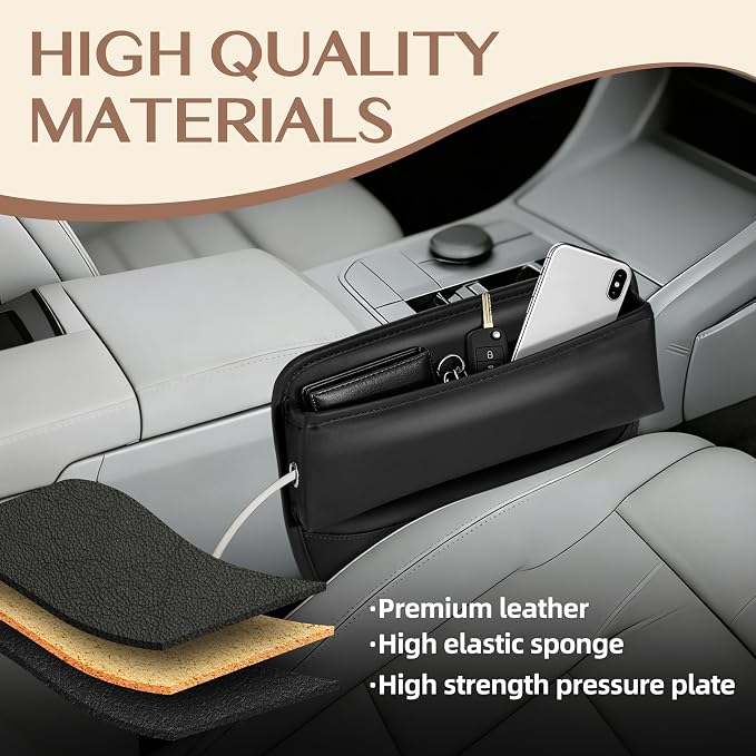 Car Seat Gap Filler with Cable Holes PU Leather Brown 2-Pack | Car seat gap filler for 0.5 to 1.2 inch gaps with cable routing holes anti slip padded base phone wallet keys PU leather