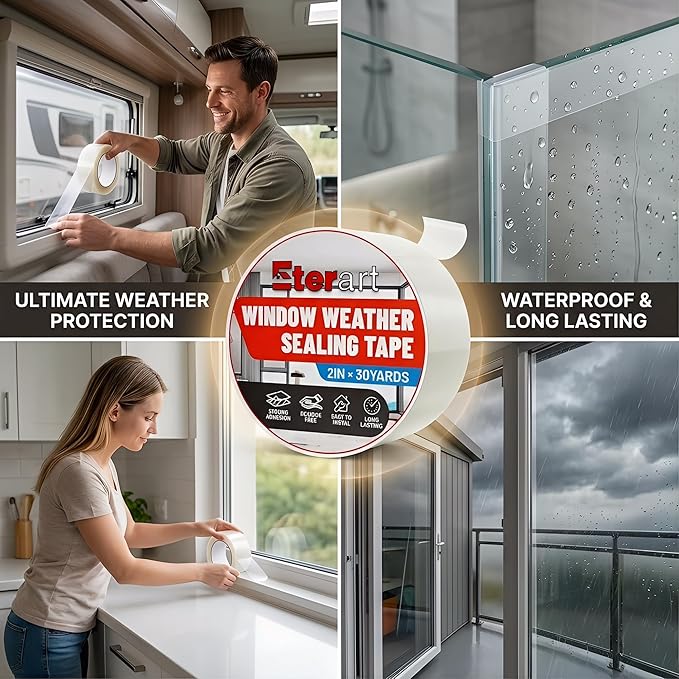 ETERART Transparent Weatherproof Seal Tape 2" x30Yds - Heavy Duty Waterproof Adhesive for Winter Drafts & Rain Leaks, No-Residue Weather Stripping for RVs, Windows, Doors & Renters