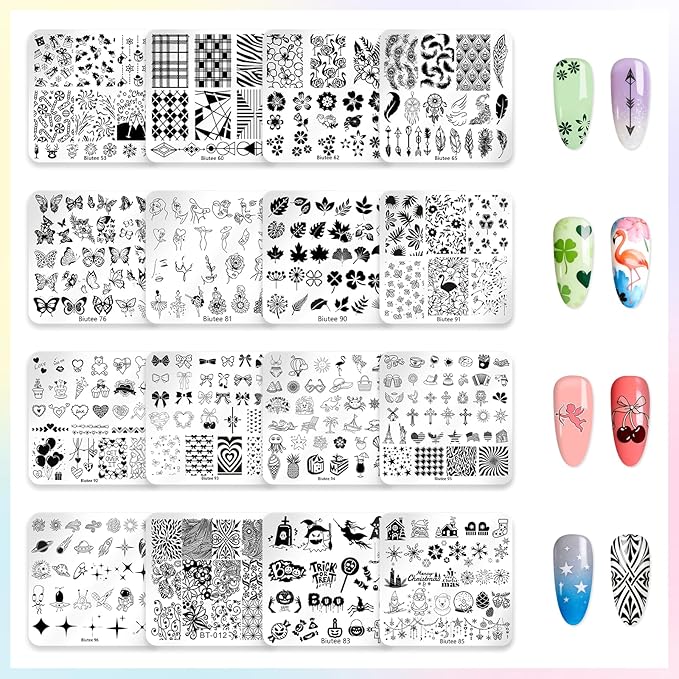 Biutee Nail Stamping Plates 16PCS Nail Stamping Kit with 8 Nail Stamping Gel Polish, 1 Nail Stamper Scraper & Storage Bag, Nail Stamp Kit Flower Butterfly Animal Design for Beginners & Nail Lovers