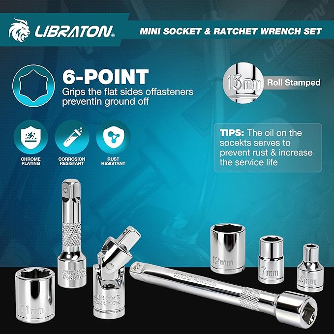 LIBRATON 1/4" Drive Mini Socket & Ratchet Wrench Set with Bits, 4-13mm Shallow Sockets, Magnetic Driver Handle, Extension Bars & Universal Joint, with Storage Case for DIY, Auto Repair