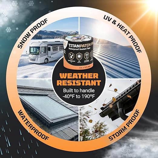 TITANPATCH PRO Waterproof Sealant Tape – White 4" x10' – Stops Leaks Fast & Stays Sealed for 15+ Years – Sticks to RVs, Roofs, Pools, Boats, Gutters – Built for Harsh Weather (-40°F to 190°F)