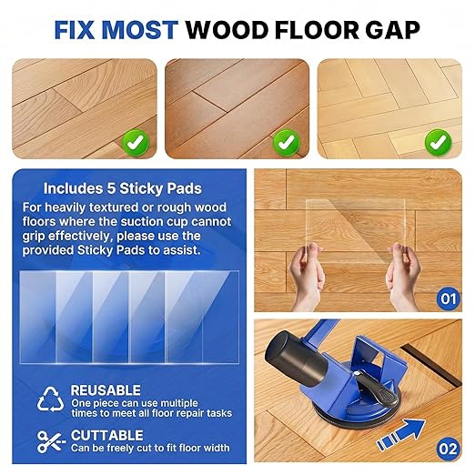 Floor Gap Fixer Tool Heavy Duty 45°Striking Surface Floor Gap Repair Tool Made of Iron & Enhanced Suction Cup with Slot Cutter and 5pcs Sticky Pads for Fixer Laminate/Vinyl Flooring Tools