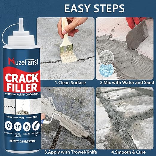 Concrete Crack Filler, Concrete Crack Sealant, Cement Powder for Concrete Crack Filling and Surface Patching, Mix with Water or Sand, Grey Cement Crack Filler for Walls, Floors, Driveways（2.2LB）