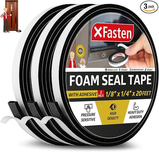 XFasten Black Foam Seal Tape With Adhesive, 1/8-Inch-Thick, 1/4-Inch x 20-Foot (3-Pack), High-Density Weather Strip for Window, Door, Pipe and AC Insulation - Neoprene Insulation Foam Strip