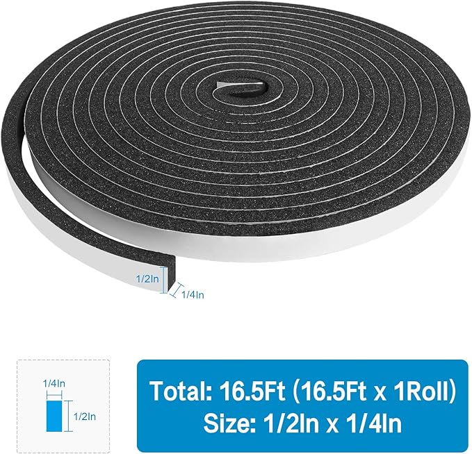 DGSL Foam Insulation Tape, 1/2In x 1/4In x16.5Ft Weather Stripping Door Seal Strip for Doors and Windows,Sliding Doors, Soundproofing Door Seal,Weatherstrip,Air Conditioning Seal Strip