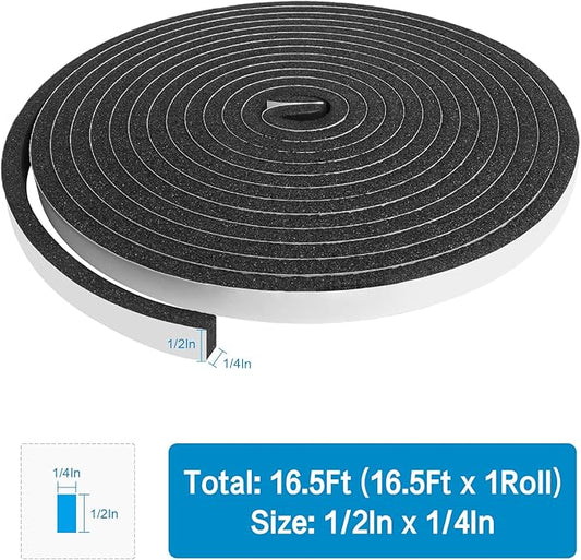 DGSL Foam Insulation Tape, 1/2In x 1/4In x16.5Ft Weather Stripping Door Seal Strip for Doors and Windows,Sliding Doors, Soundproofing Door Seal,Weatherstrip,Air Conditioning Seal Strip
