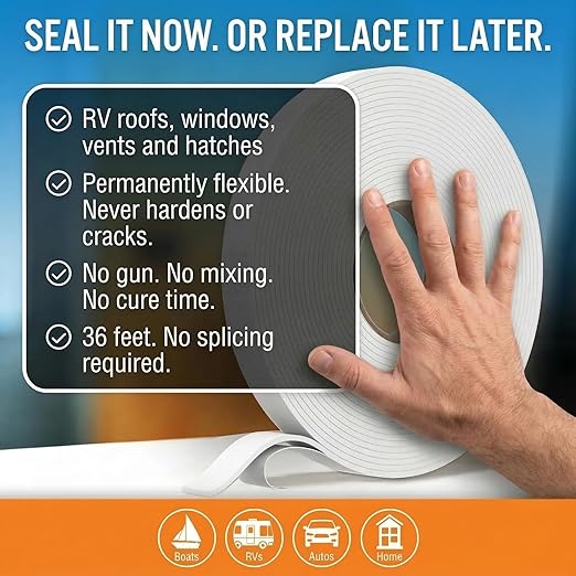 Better Boat Butyl Tape for RV Roof and Boat, 36 Feet White Putty Window Sealant Tape, Waterproof Weather Resistant, 3/4 Inch Wide x 1/8 Inch Thick