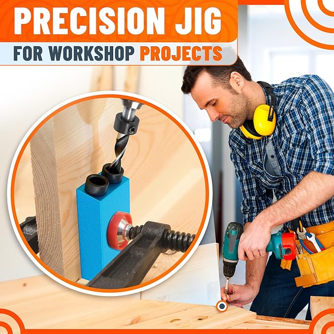 14 Pcs Compact Pocket Hole Jig Kit – Build Strong, Clean Joints with Hidden Screws | Aluminum Pocket Screw Jig with 15° Angle Drill Guide, 6 Bushings 6–10mm, 3 Drill Bits, Stop Rings, Adapter, Case