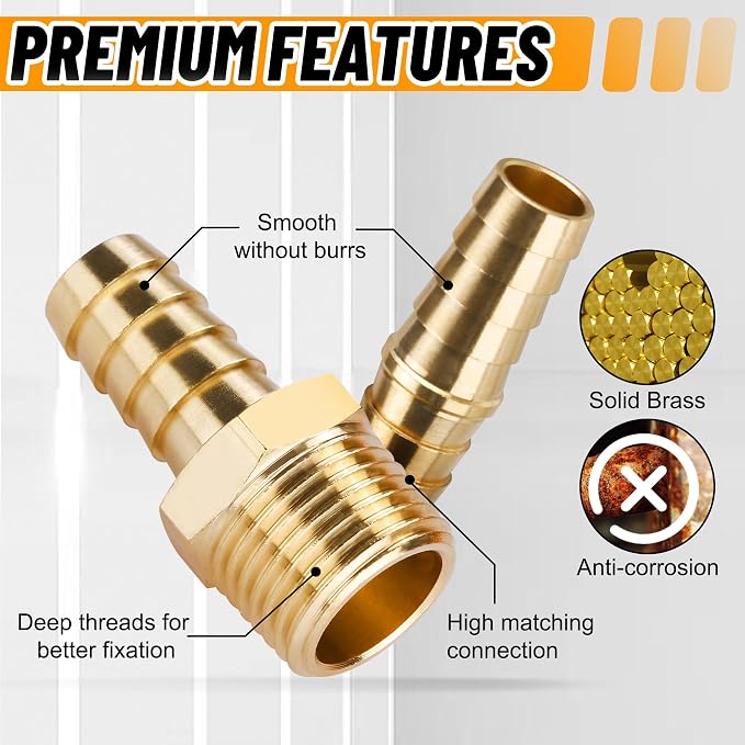 48PCS Brass Hose Barb Fittings,Barb Splicer Mender 3/16" 1/4" 5/16" 3/8" 1/2" 5/8" and Male Thread Adapter 3/8" Barbed to 1/4" NPT, 1/4" Barbed to 1/4" NPT Male with 96Pcs Pipe Hose Clamps