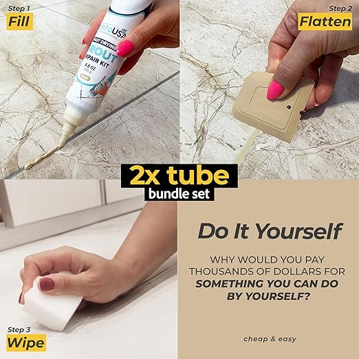 PentaUSA Premixed Tile Grout Repair Kit 2 Pack - Warm Beige Acrylic Sanded Grout Filler for Bathroom, Shower, Kitchen Tile Water-Resistant Tubes with Applicator, Fast Drying, (2 x 250g / 17.6oz)