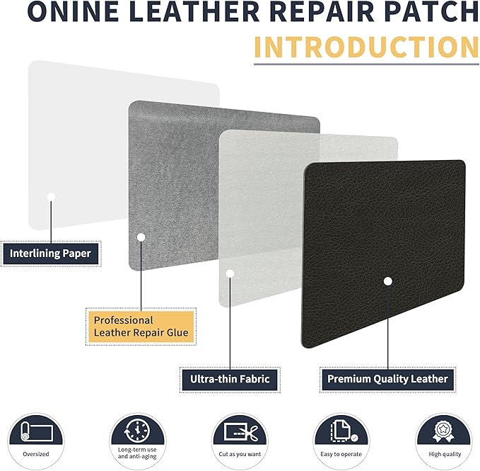 ONine Leather Repair Patch，Leather Repair Tape, 12 x 48 inches Leather Repair Patch for Furniture,Vinyl Repair Kit，Leather Couch Patch，for Sofas, Furniture, Car Seats, Office Chairs(Dark Grey Leather)