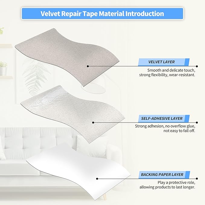 KING MOUNTAIN Couch Fabric Repair Patch, Fabric Patches for Furniture, 4" x 63" Waterproof Velvet Repair Tape for Sofas, Car Seats, Furniture, Upholstery Fabrics and Velvet Goods. （Light Gray）