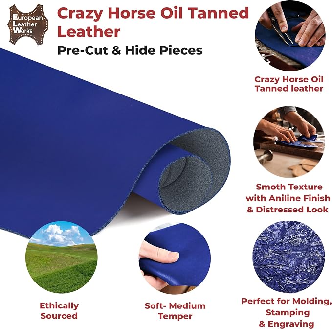 ELW Crazy Horse Leather 5-6 OZ (2-2.4mm) | Blue | Pre-Cut 2.5-4 SQ FT 2PCS | Full Grain Cowhide Handmade Leather for DIY, Crafts, Sheaths, Sewing, Workshop