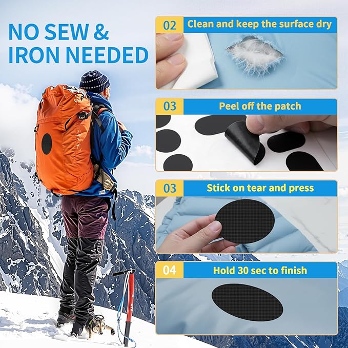 Waterproof Nylon Fabric Repair Tape Tent Repair Kit, 4pcs Outdoor Gear Tenacious Fix Tape, Self-Adhesive Fabric Patches for Clothes, Down Puffer Jacket, Tent, Sleeping Bag, Backpack, Black
