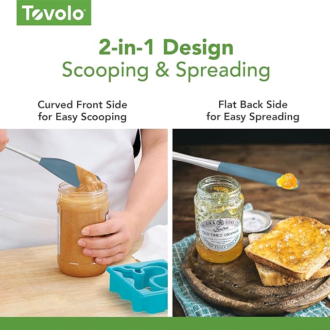 Tovolo Jar Spatula Silicone Long Stainless Steel Handle Scraper Spatula Blue Slate, Jar Scraper Heat Resistant Dishwasher Safe BPA Free Kitchen Utensil for Scraping Spreading Jelly Peanut Butter