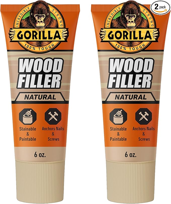 Gorilla All Purpose Wood Filler, Natural Color, 6 Ounce Tube (Pack of 2) - Water Resistant for Indoor or Outdoor Projects and Repairs