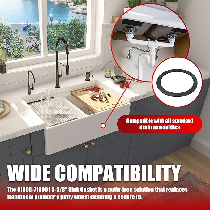 4-Pack GIDDS-710001 No Putty Sink Gasket 3-3/8", Fits All Standard Drain Attachments, Self-Adhesive Kitchen Sink Drain Gasket Seal, Replaces Plumbers Putty for Sink Drain