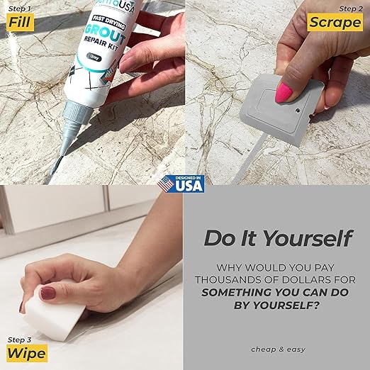 PentaUSA Tile Grout Repair Kit - Premixed Acrylic Sanded Grout for Bathroom, Shower & Kitchen, Water-Resistant Tube with Applicator, Fills Cracks and Gaps in Lines - Gray (8.8oz/250gr)