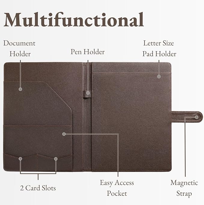 Mymazn Padfolio Portfolio Folder, Faux Leather Interview Resume Folder with Document Organizer & Business Card Holder, Letter-Sized Notepad Legal Pad Holder for Men Women (Coffee)