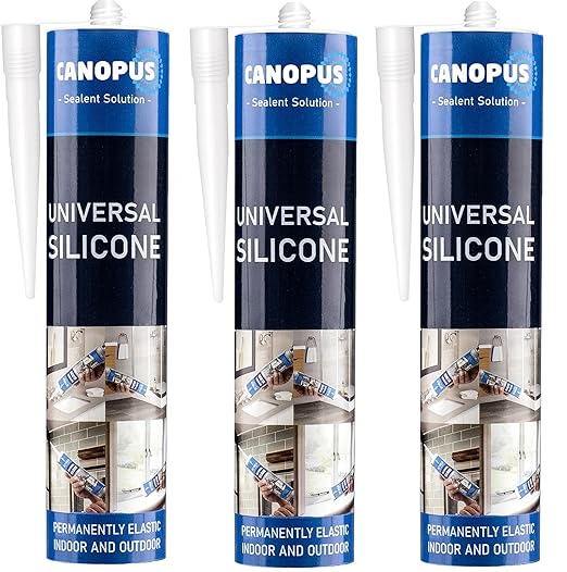 CANOPUS Universal Silicone, White, 3-Pack Waterproof Kitchen & Bathroom Acetoxy Silicone Sealant, Suitable for Indoor and Outdoor Waterproofing and Bonding Applications, Shower Sealant