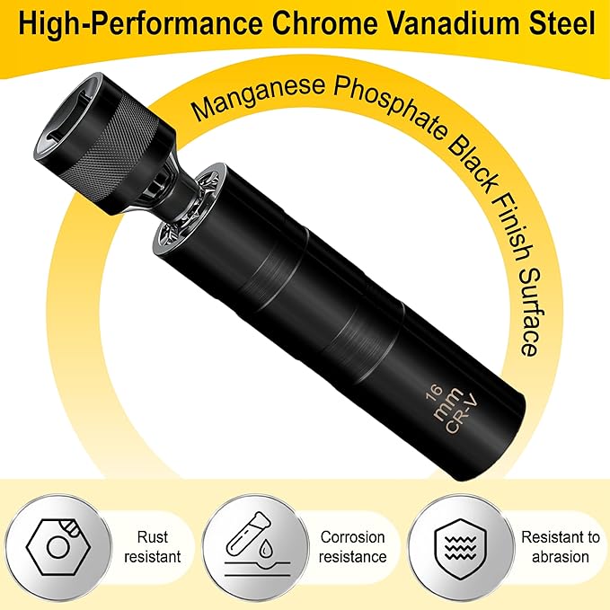 16mm Spark Plug Socket, Thin Wall 3/8" Drive Spark Plug Sockets Removal Tool, 12 Point, Magnetic Swivel 5/8" Spark Plugs Socket for Most Car Models (Black)