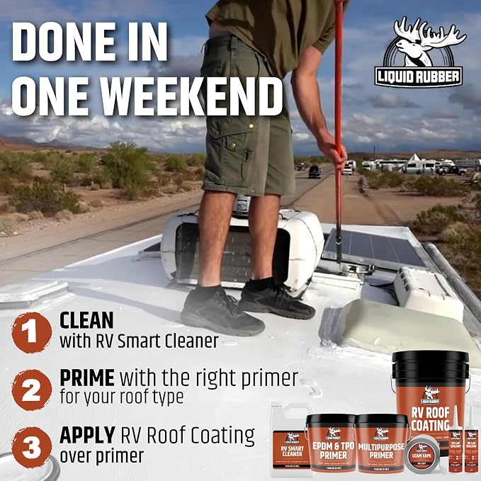 Liquid Rubber RV Roof Coating Solar Reflective Waterproof Trailer Repair Kit Includes: RV Sealer 1 Quart, Seam Tape - 4"x12.5', 1 Tube RV Lap Sealant
