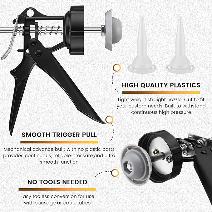 Lasnten 2 Pack Sausage Caulk Gun 20 oz Aluminum Cordless Sausage Caulking Gun with 4 Cone Nozzles, 18: 1 Thrust, Aluminum Sealant Hand Caulk Kit for Contractors (Gold)
