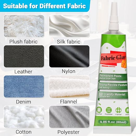 80ML Fabric Glue Permanent for Clothing, Clear Super Glue Fabric Adhesive Sticky Glue for Patches, Washable Liquid Fusion Stitch Fabric Repair Kit for Leather Cotton Rhinestones Polyester