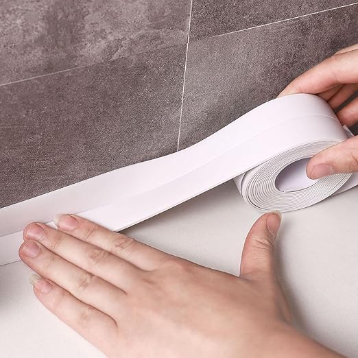 White Waterproof Caulk Tape PVC Self Adhesive Caulk Strip Joint Adhesive Shower Bathtub Joint Strip Bathroom Sealing Tape Kitchen Sealing Tape and Shower Tile Sealant