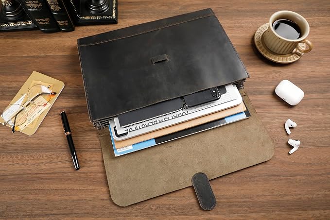 Genuine Leather File Folder, Accordian File Organizer, Leather Document Holder Resume Folio for Men & Women - Grey