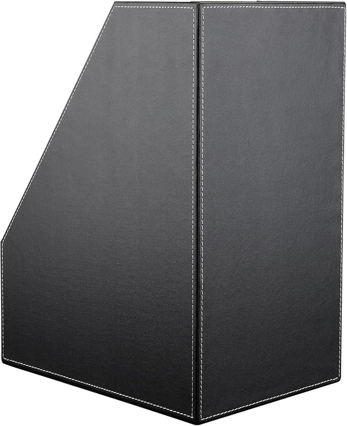 KINGFOM Wooden Leatherette Desktop File Folder Organizer and Document File Stand Journals Magazine Rack 2 Slots (black)